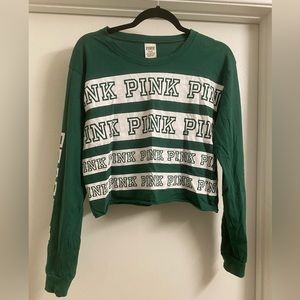 PINK Size Medium Holiday Green Long Sleeve Crop Top